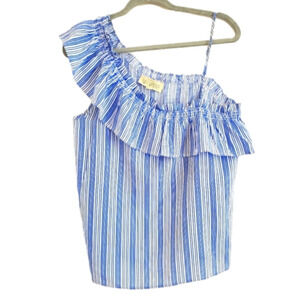 2/$35  ONE Shoulder Sweet Wanderer Ruffled neck Blue/Wh Stripe top  Sz L 12-14